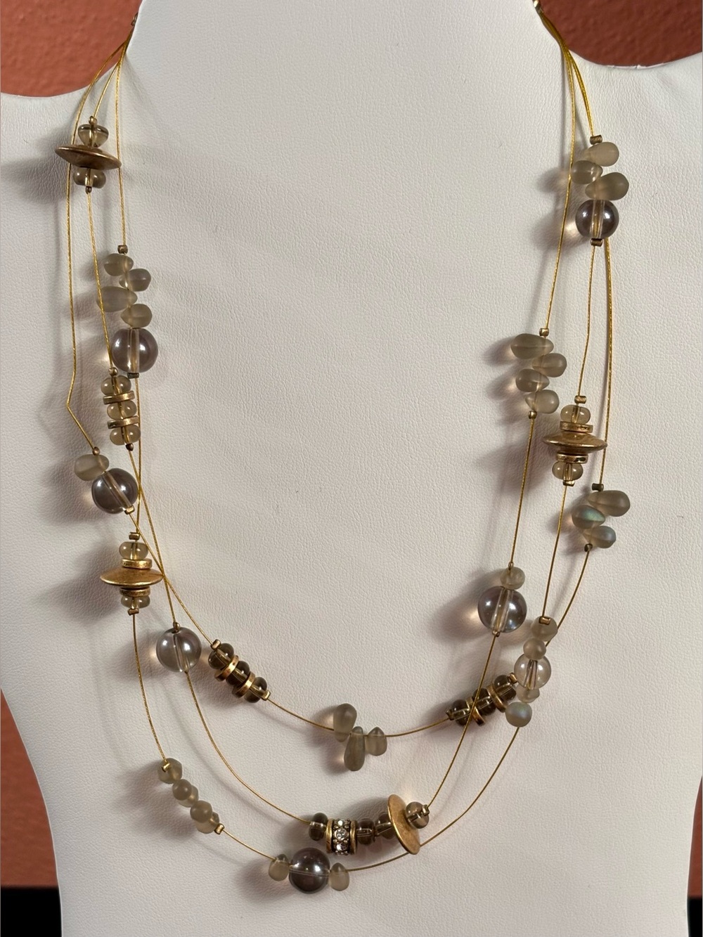 Chico’s Gold Tone 3-Strand Smoky Gray Beaded Statement Necklace